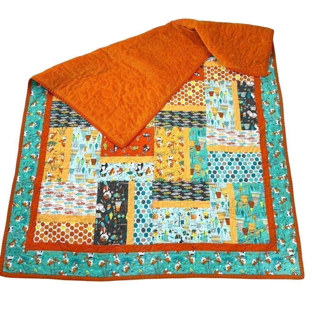Toddler Baby Fox Forest Quilt Blanket Fleece Handmade Orange Teal Green 40x50